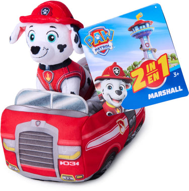 Paw patrol 2 in 1 pluche knuffel marshall met voertuig - 15cm