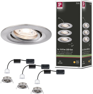 Paulmann led-inbouwlamp nova mini coin basisset zwenkbaar rond 66 mm 15° coin 3x4w 3x310lm 230v 2700k staal geborsteld