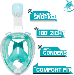 Sea turtle snorkelmasker - snorkel - duikbril - snorkelset - full face masker - volwassenen - wit turquoise - s m