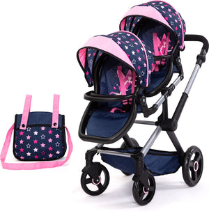 Bayer design - tweeling poppenwagen twin xeo, wagen, verstelbare handgreep, tas, blauw, roze, sterren