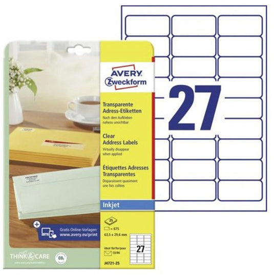 Inkjetetiket avery 63 - 5x29 - 6mm transparant 25 vel 27 etiketten per vel