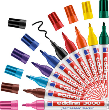 Edding 3000 permanent marker - 10 kleuren - 10 stiften - ronde punt 1,5-3 mm - water en wrijfvast - voor karton, kunststof, hout, metaal, etc. - alcohol markers voor volwassenen