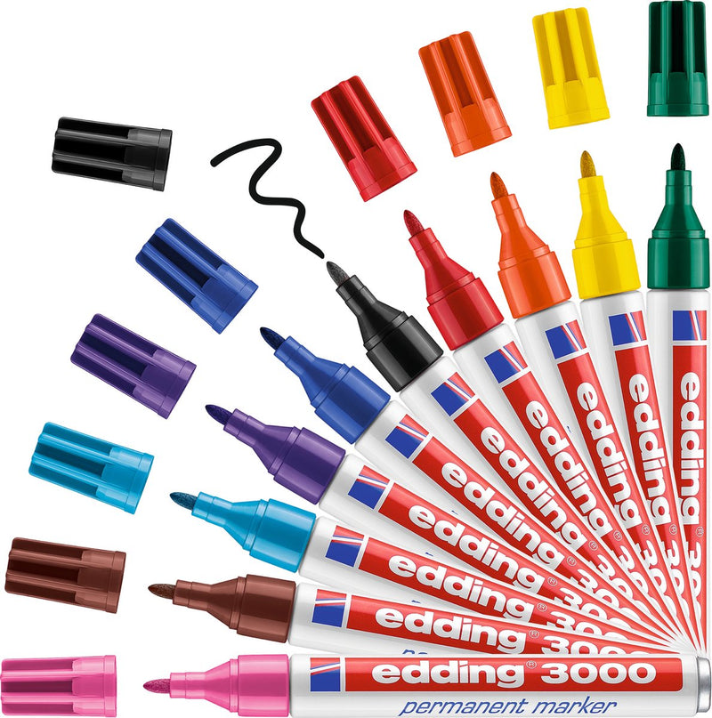 Afbeelding laden in galerijviewer, Edding 3000 permanent marker - 10 kleuren - 10 stiften - ronde punt 1,5-3 mm - water en wrijfvast - voor karton, kunststof, hout, metaal, etc. - alcohol markers voor volwassenen
