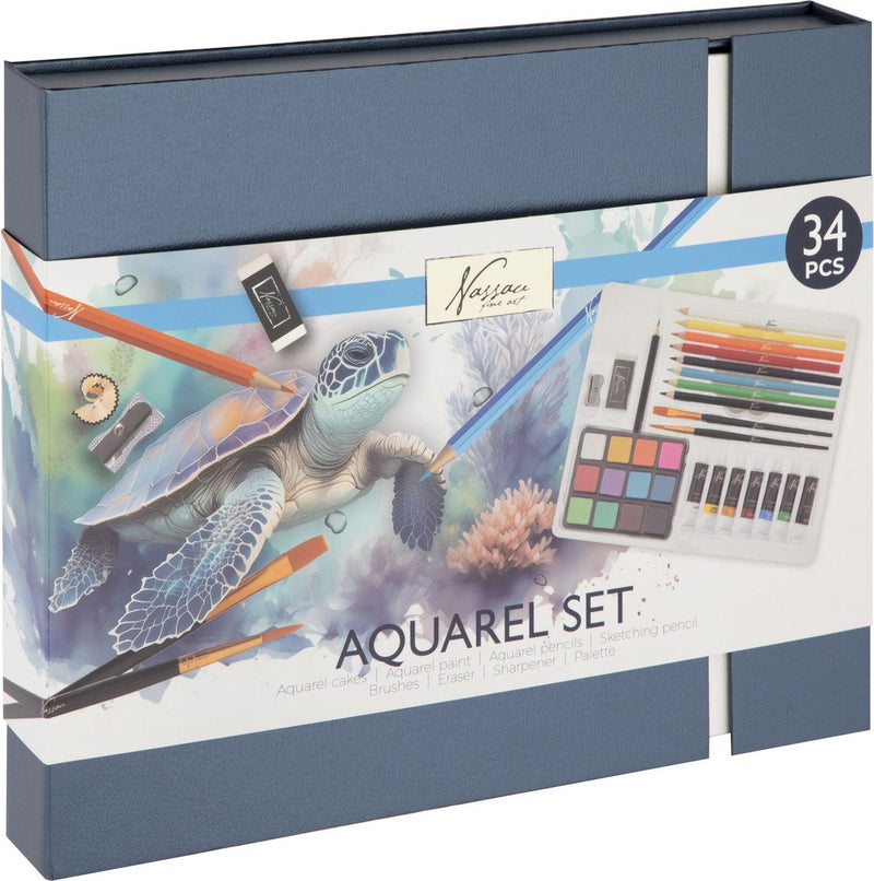 Afbeelding laden in galerijviewer, Nassau fine art aquarelverf startersset 34pcs - giftset met aquarelverf napjes, aquarelverf tubes, potloden penselen - hobbyverf voor volwassenen - schilderen voor volwassenen
