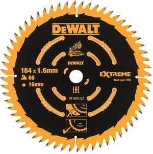 Dewalt cirkelzaagblad voor hout | extreme | ø 184mm asgat 16mm 60t - dt1670-qz