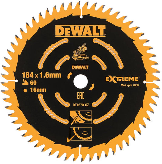 Dewalt cirkelzaagblad voor hout | extreme | ø 184mm asgat 16mm 60t - dt1670-qz
