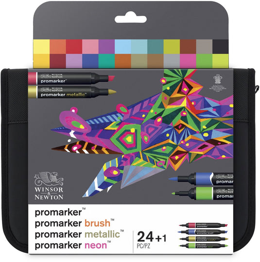 Winsor newton 0290037 mixed marker set 24 in wallet | promarker, brush, metallic neon
