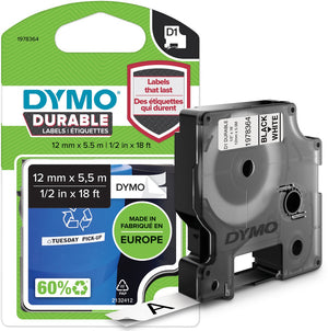 Dymo labeltape d1 durable vinyl 12 mm x 5,5 m zwart op wit