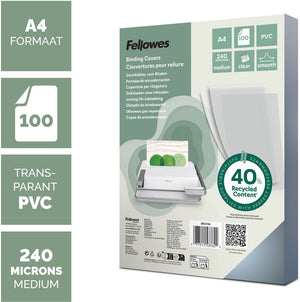 Fellowes pvc dekbladen a4 transparant – 240 micron – 100 stuks – gemaakt van 40% gerecycled materiaal – voor alle inbindmachines