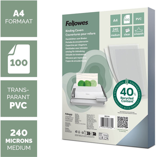 Fellowes pvc dekbladen a4 transparant – 240 micron – 100 stuks – gemaakt van 40% gerecycled materiaal – voor alle inbindmachines