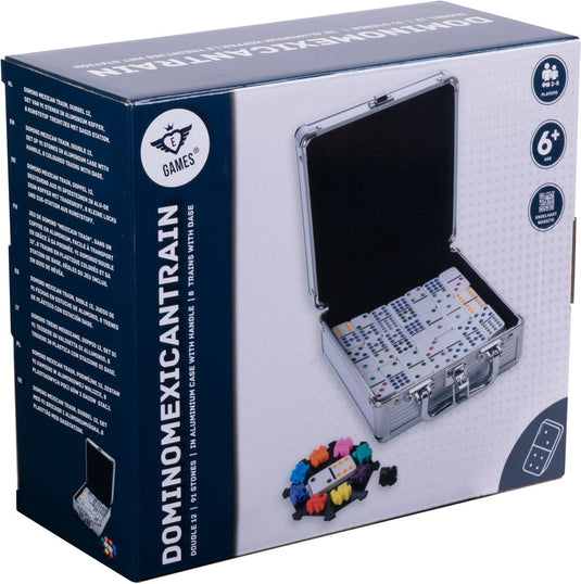 Engelhart domino dubbel 12 mexican train – 91 stenen met gekleurde ogen – luxe aluminium koffer met handvat – inclusief station treinen – strategisch familiespel –