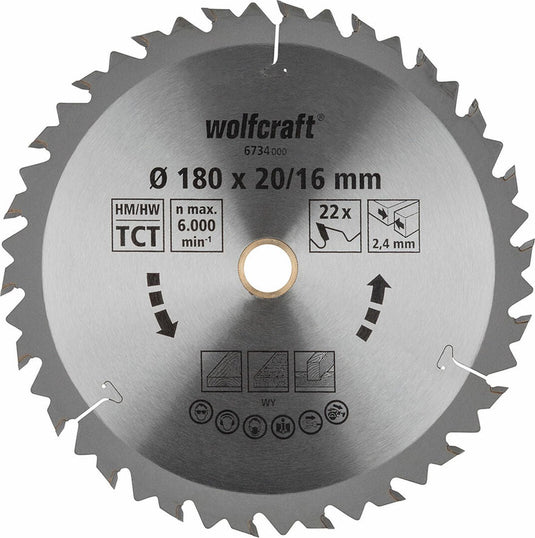 Wolfcraft - cirkelzaagblad 180x20mm 180x16mm - 18 tanden - zaagblad voor cirkelzaag - serie bruin - 6734000