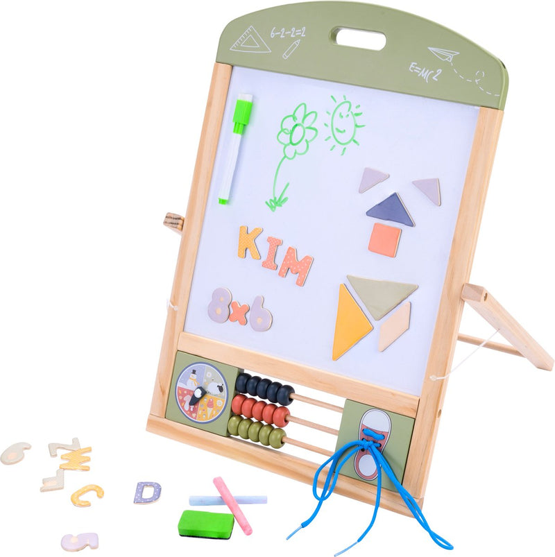 Afbeelding laden in galerijviewer, Jack jacky tafel schoolbord whiteboard – multifunctioneel 2-in-1 educatief speelbord – krijt- en magnetisch bord – leerbord met klok telraam – motoriek leren oefenen – inclusief accessoires – engelhart
