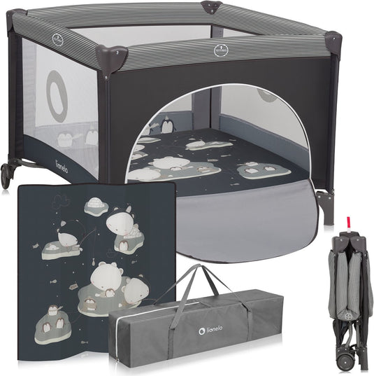 Lionelo bonnie babybox kinderbox 0-36 maanden – opvouwbare speelbox met t25 schuimmatras, zijdeur met ritssluiting, mesh zijkanten, wielen met rem en draagtas – tot 15 kg