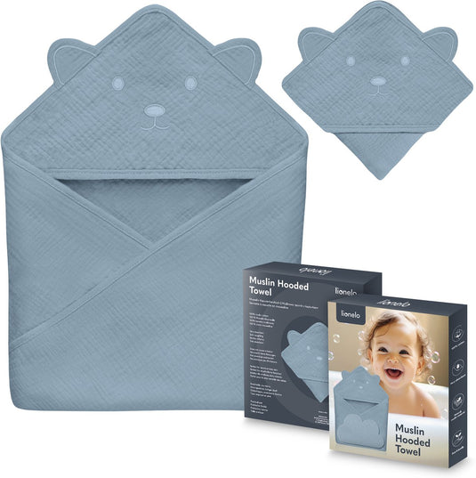 Lionelo muslin hooded baby towel – zachte babyhanddoek met capuchon van 100% katoenen mousseline – zachte badcape met capuchon – ademend, hypoallergeen irritatievrij – uitstekende absorptie – voor pasgeborenen oudere kinderen – 75x75 cm