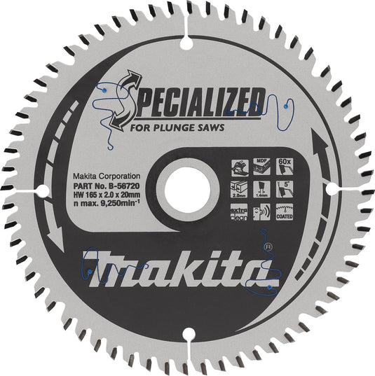 Makita invalcirkelzaagblad voor hout | specialized | ø 165mm asgat 20mm 60t - b-56720