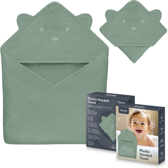 Lionelo muslin hooded baby towel – zachte babyhanddoek met capuchon van 100% katoenen mousseline – zachte badcape met capuchon – ademend, hypoallergeen irritatievrij – uitstekende absorptie – voor pasgeborenen oudere kinderen – 75x75 cm