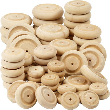 Creativ company wielen van hout - kleine houten wielen - diy houten wieltjes met gat en afgeronde randen - diameter 24+30+42+50 mm - 4x40 stuks