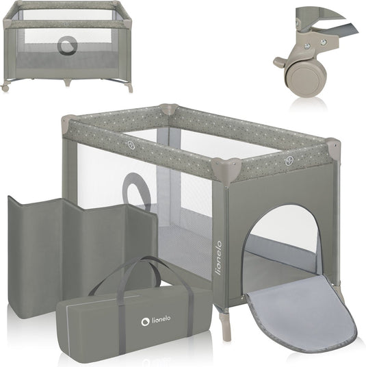 Lionelo stefi campingbedje 3 in 1 - baby bed inklapbare box reisbedje - 60x120 cm - 0-36 maanden tot 15 kg - met comfort matras - zij-ingang met rits - wielen - transporttas - babybed babybox ledikant
