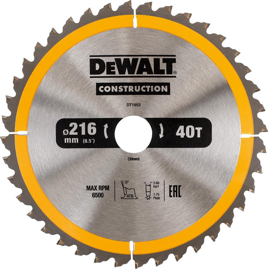Dewalt accessoires dewalt dt1953-qz serie - cirkelzaagblad - 216mm - 40 tanden - voor hout en composiet