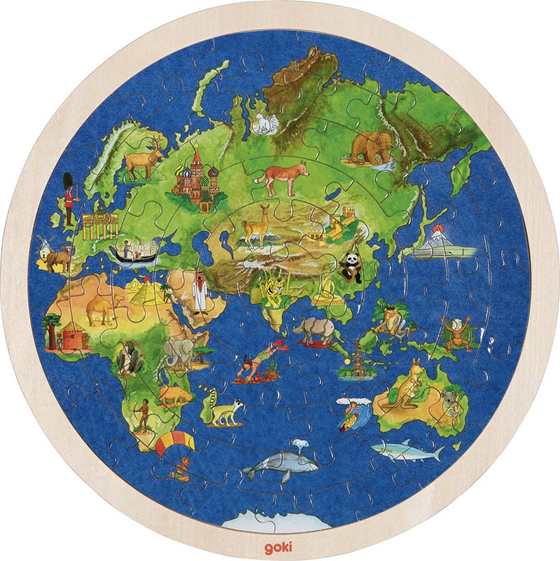 Afbeelding laden in galerijviewer, Goki dubbelzijdige houten puzzel - wereldbol, 57st.
