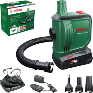 Bosch easyinflate 18v-500 - acculuchtpomp - incl. 1x 18v 2,0 ah accu - lader - 3 mondstukken - 50cm slang - opbergtas