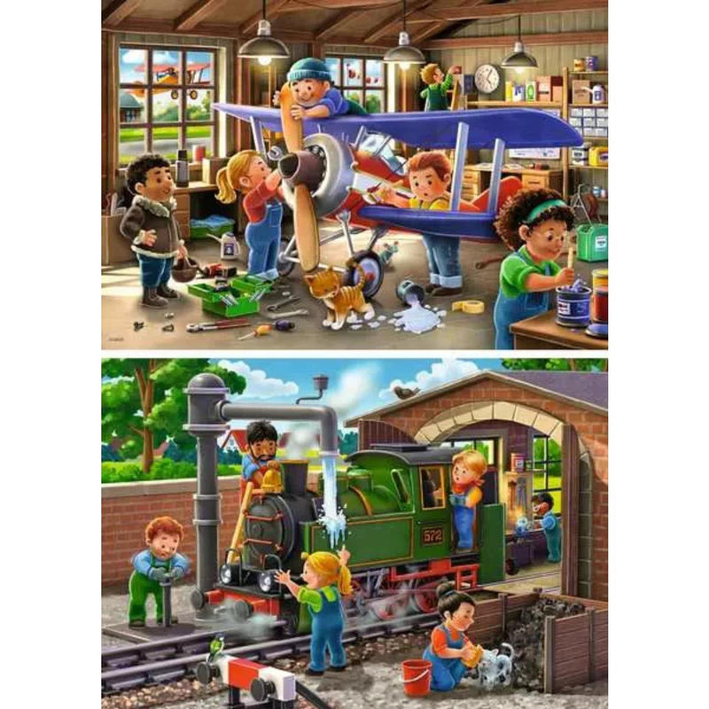 Load image into Gallery viewer, Ravensburger legpuzzel vliegtuig en trein reparatie, 2x24st.
