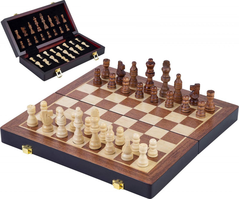 Afbeelding laden in galerijviewer, Engelhart schaakspel deluxe inklapbaar – houten schaakset van essenhout – luxe bruin schaakbord 38 x 38 x 5,8 cm – opklapbaar compact –
