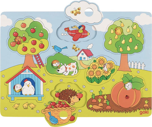 Goki houten achtergrond vormenpuzzel in de tuin, 8st.