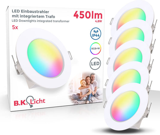 B.k.licht - rgbw inbouwspots - set van 5 - badkamerverlichting - met afstandsbediening - dimbaar - gekleurd licht - ip44 - 9.2 cm x 4.5 cm (dxh) - wit