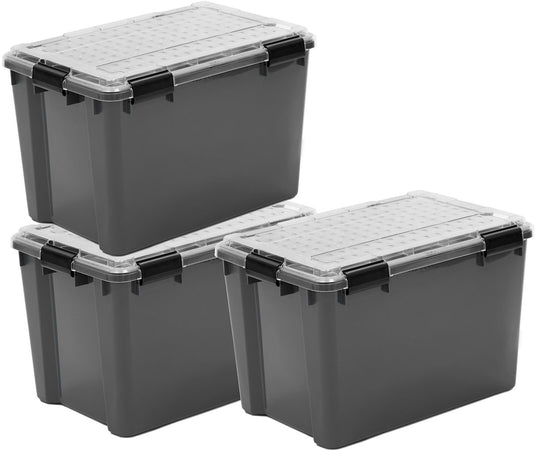 Iris outdoor opbergbox met polycarbonaat deksel - 70l - extra groot – voor bulk grote opslag – waterdicht luchtdicht - kunststof - grijs transparant zwart - set van 3