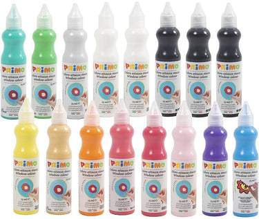 Primo raamverf - verf voor ramen - raamdecoratie - verf op waterbasis - kinderen verf -verschillende kleuren - creatieve verf - 16 verf tubes - 75ml per tube