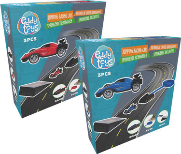 Eddy toys springende raceauto set – launch race cars – speelgoed auto met launcher en schans – 3 delige set - rood of blauw - 1 willekeurige kleur