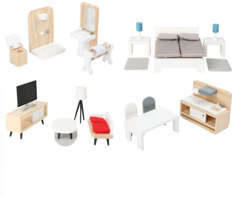 Afbeelding laden in galerijviewer, Small foot - houten poppenhuis meubeltjes complete set, 28dlg.
