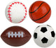 Eddy toys stuiterbal sport assortiment - kleine stuiterballen met sportdesign - speelgoed bal stuiterend - honkbal, basketbal, rugbybal, voetbal kinderen - set van 4
