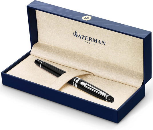 Waterman expert-vulpen | glimmend zwart met chromen rand | medium penpunt | cadeauverpakking
