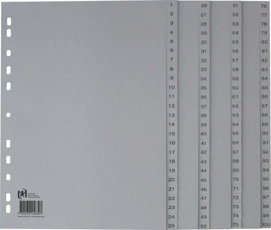 Oxford tabbladen, a4, uit pp, 11-gaatsperforatie, 100 genummerde tabs, grijs
