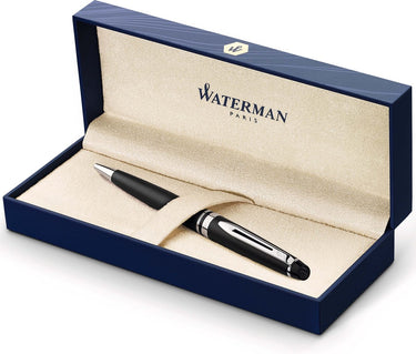 Waterman expert-balpen | matzwart met chromen rand | medium punt | blauwe inkt | met geschenkdoos