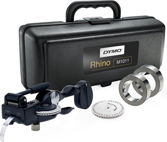 Dymo rhino m1011 industriële lettertang labelmakertool | met aluminium en roestvrijstalen labels | | duurzame draagtas | ideaal voor doe-het-zelf en constructie