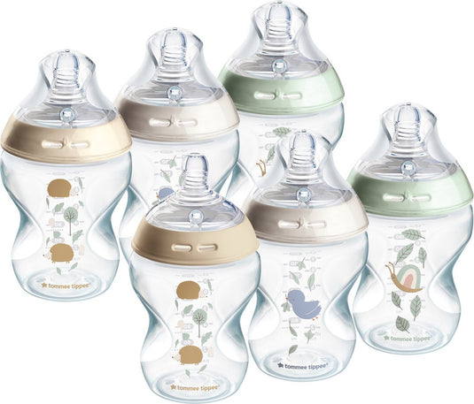 Tommee tippee natural start babyflessen, set van 6 x 260ml baby flessen - lage toevoersnelheid 0m+ - gedecoreerd