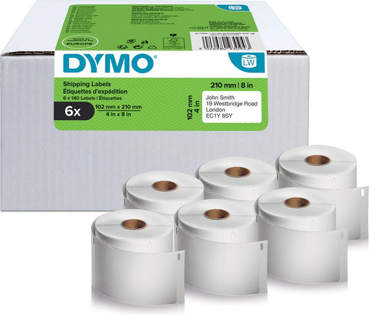 Dymo originele labelwriter grote verzendetiketten met hoge capaciteit | 102 mm x 210 mm| 6 rollen met elk 140 easy-peel-labels (840 postlabels) | zelfklevend | voor labelwriter 4xl 5xl labelmakers