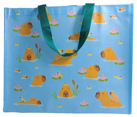 Puckator boodschappentas shopper - capybara zwemmen bloemen - duurzaam - lichtblauw bruin - 33x39x17cm