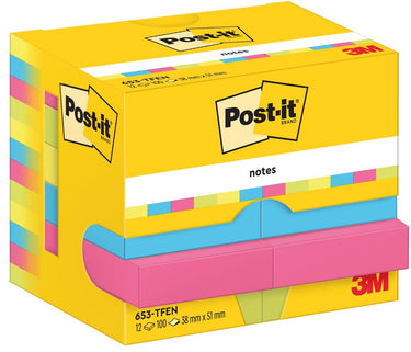 Post-it zelfklevende memoblaadjes 653-tfen multikleur 100 vel blok, 12 blok pak