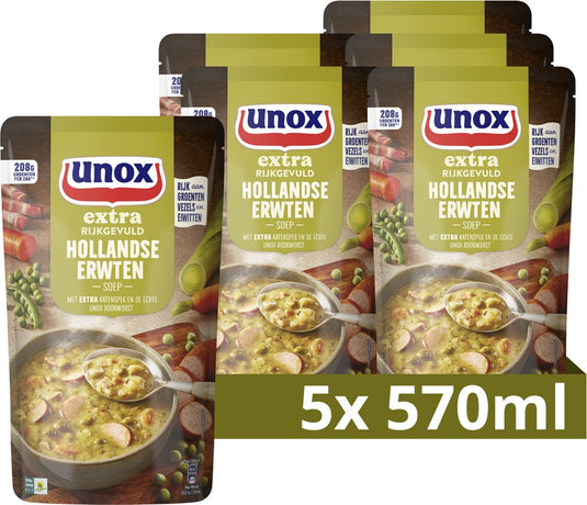 Unox extra rijkgevuld soep in zak - hollandse erwtensoep - 5 x 570 ml - voordeelverpakking