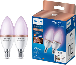 Philips smart lighting - kaarslamp 2-pack - slimme led-verlichting - gekleurd en wit licht - e14 - 40w - mat - wi-fi