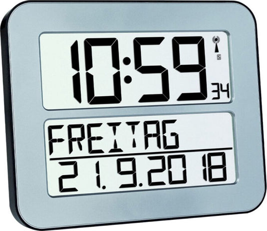 Tfa dostmann 60.4512.54 - klok - digitaal - zendergestuurd - 7 talen - tweede tijd - alarm - snooze - lcd - zilverkleurig
