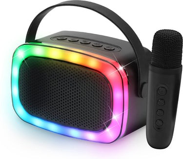 Partyfunlights mini karaoke set party speaker met microfoon zwart - discoverlichting - draadloos - voor volwassenen en kinderen