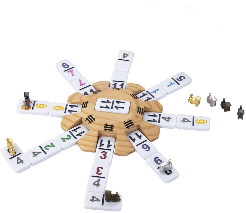 Afbeelding laden in galerijviewer, Engelhart domino mexican train accessoires set - 8 metalen treintjes - houten station - scoreblok -
