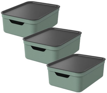 Rotho jive opbergboxen set van 3 opbergdozen 10 l met deksel, kunststof (pp gerecycled), groen antraciet, 3 x 10 l, 36,5x26,5x13cm