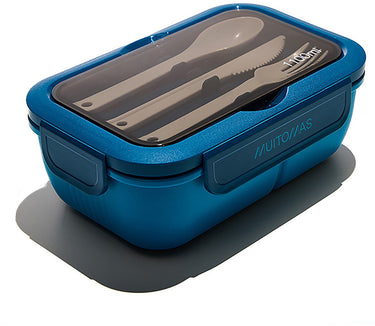 Muitomas lunchtrommel - 1,1 liter – 3 compartimenten – magnetron vaatwasser bestendig - inclusief bestek - blauw